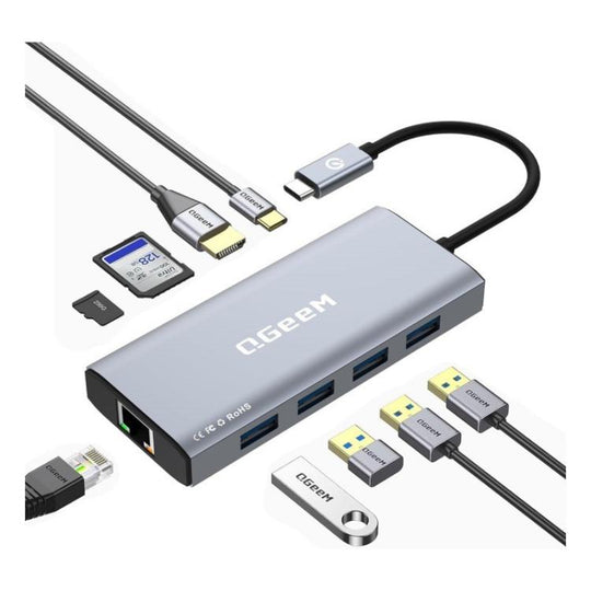 QGeeM 9 In 1 USB-C/Type-C Docking Station Hub RJ45+4K 30Hz HDMI+PD 85W+USB2.0/USB3.0+SD/TF
