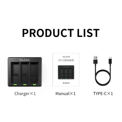 For GoPro HERO13 Black TELESIN 3 Slots Charging Base Action Camera Accessories(Black) - Charger by TELESIN | Online Shopping UK | buy2fix