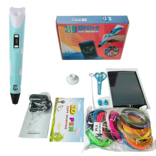 Hand-held 3D Printing Pen Kit with 20 Colors PLA Filament, Drawing Pad, Base, Scissors, Finger Guards, Art Book & Accessories EU Plug(Blue)