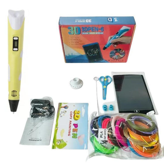 Hand-held 3D Printing Pen Kit with 20 Colors PLA Filament, Drawing Pad, Base, Scissors, Finger Guards, Art Book & Accessories EU Plug(Yellow)