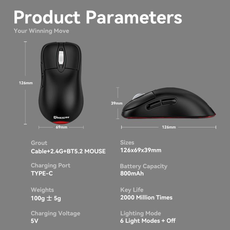 MKESPN Wireless Charging Tri-Mode Wireless Gaming Mouse 24000 DPI, 6 RGB Lighting Modes, Rechargeable, Macro Programmable Black - Wireless Mice by MKESPN | Online Shopping UK | buy2fix