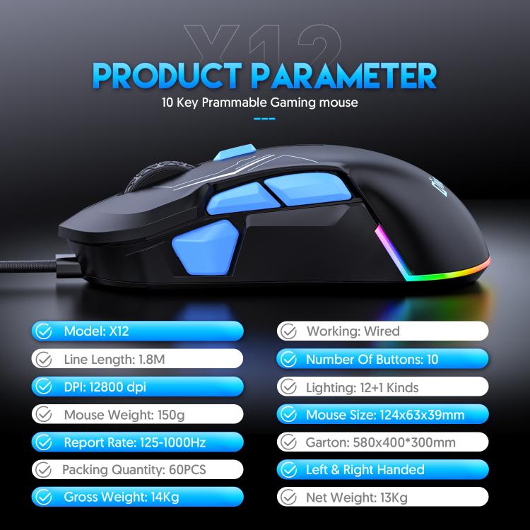 MKESPN 12800 DPI Ambidextrous Wired Gaming Mouse - 10 Programmable Buttons, RGB Customization, Symmetrical Design(Black Blue) - Wired Mice by MKESPN | Online Shopping UK | buy2fix