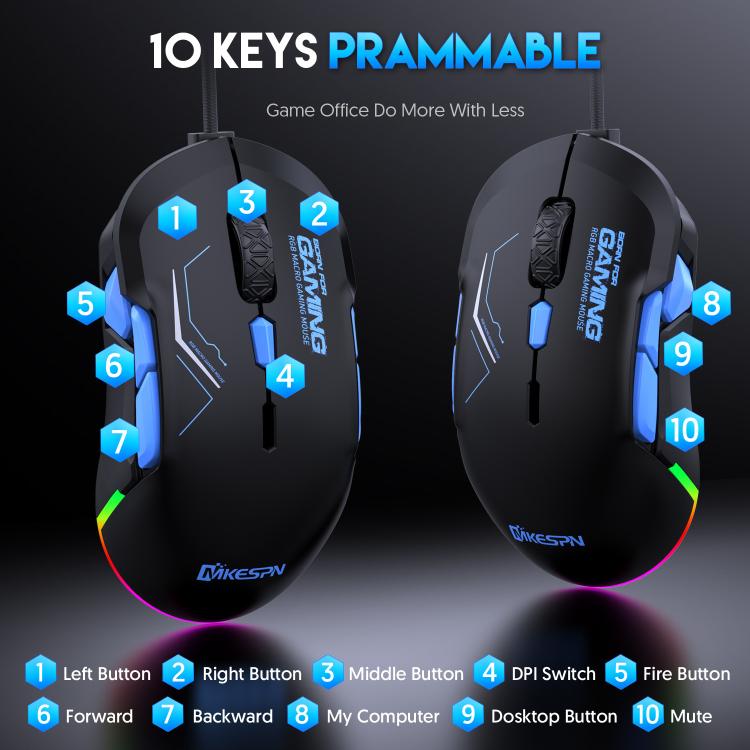 MKESPN 12800 DPI Ambidextrous Wired Gaming Mouse - 10 Programmable Buttons, RGB Customization, Symmetrical Design(Black Blue) - Wired Mice by MKESPN | Online Shopping UK | buy2fix