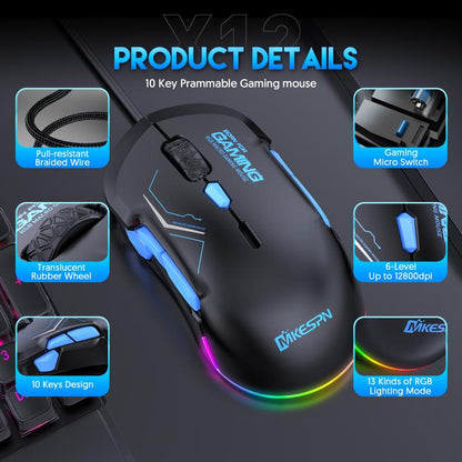 MKESPN 12800 DPI Ambidextrous Wired Gaming Mouse - 10 Programmable Buttons, RGB Customization, Symmetrical Design(Black Blue) - Wired Mice by MKESPN | Online Shopping UK | buy2fix