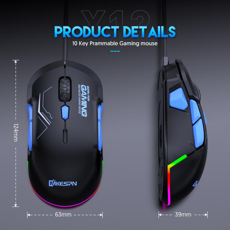 MKESPN 12800 DPI Ambidextrous Wired Gaming Mouse - 10 Programmable Buttons, RGB Customization, Symmetrical Design(Black Blue) - Wired Mice by MKESPN | Online Shopping UK | buy2fix