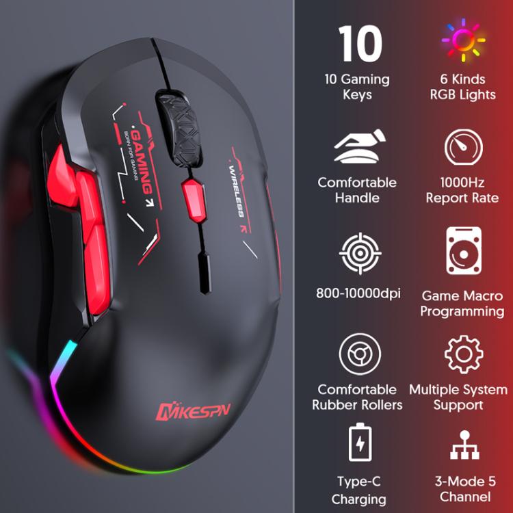 MKESPN W12 Tri-Mode 5-Channel Gaming Mouse 10-Key 10000 DPI Ambidextrous Design RGB Macro Mouse(Red) - Wireless Mice by MKESPN | Online Shopping UK | buy2fix