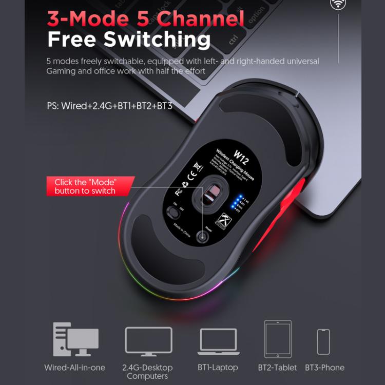 MKESPN W12 Tri-Mode 5-Channel Gaming Mouse 10-Key 10000 DPI Ambidextrous Design RGB Macro Mouse(Blue) - Wireless Mice by MKESPN | Online Shopping UK | buy2fix