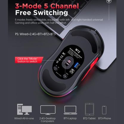 MKESPN W12 Tri-Mode 5-Channel Gaming Mouse 10-Key 10000 DPI Ambidextrous Design RGB Macro Mouse(Red) - Wireless Mice by MKESPN | Online Shopping UK | buy2fix