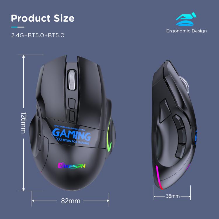 MKESPN W10 Tri-Mode Wireless Gaming Mouse 2400DPI with 9 Programmable Buttons, RGB Lighting, Type-C Rechargeable(Black) - Wireless Mice by MKESPN | Online Shopping UK | buy2fix