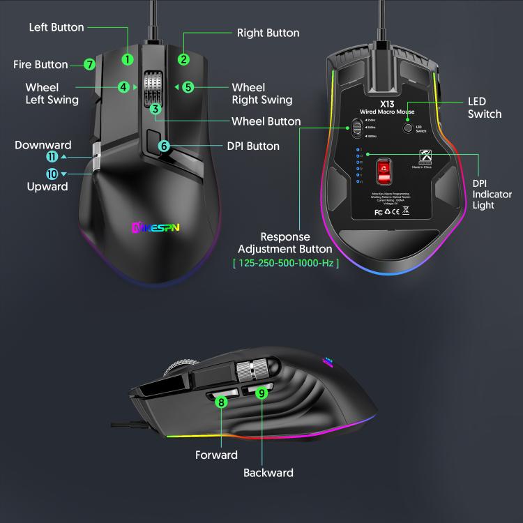MKESPN X13 RGB Full Speed Wired Gaming Mouse 12400 DPI 10-Key Dual Scroll Wheel Swing Macro Programmable Mouse(Black) - Wired Mice by MKESPN | Online Shopping UK | buy2fix