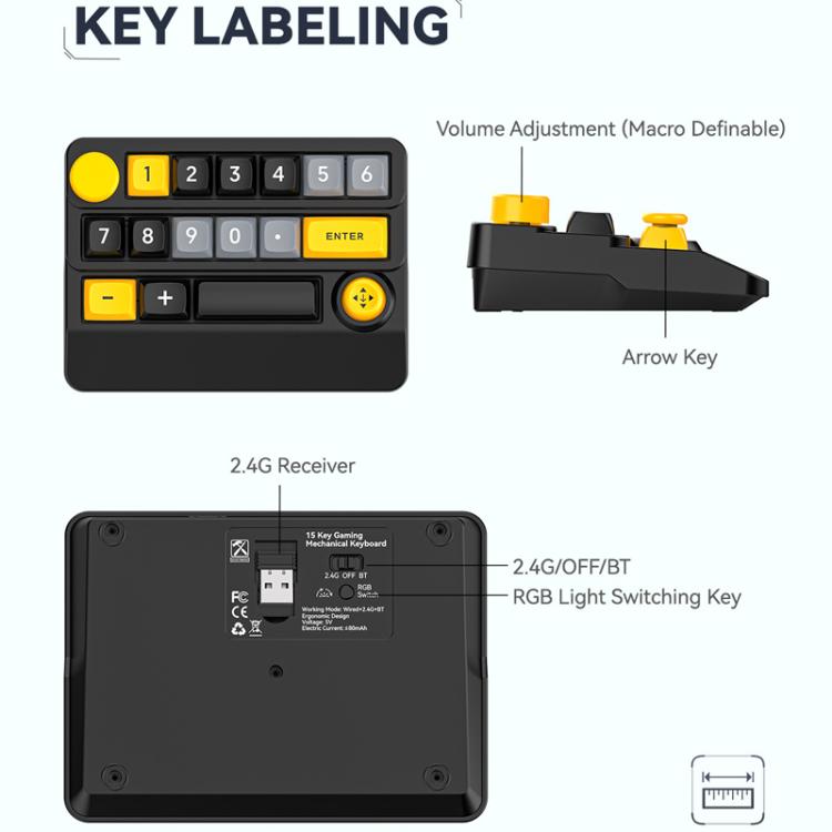 15-Key Wireless Tri-Mode Mechanical Gaming Keyboard Hot-Swappable, RGB Backlit, Macro Programmable(Black Yellow) - Mini Keyboard by MKESPN | Online Shopping UK | buy2fix