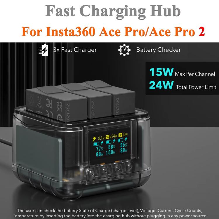 For Insta360 Ace Pro/Ace Pro 2 Battery Charger 3-Channel Fast Charging Station With OLED Screen(Transparent Black) - Others by buy2fix | Online Shopping UK | buy2fix