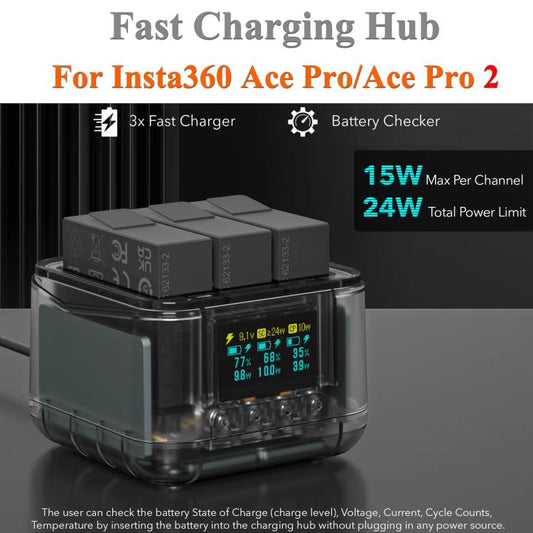 For Insta360 Ace Pro/Ace Pro 2 Battery Charger 3-Channel Fast Charging Station With OLED Screen(Transparent Black) - Others by buy2fix | Online Shopping UK | buy2fix