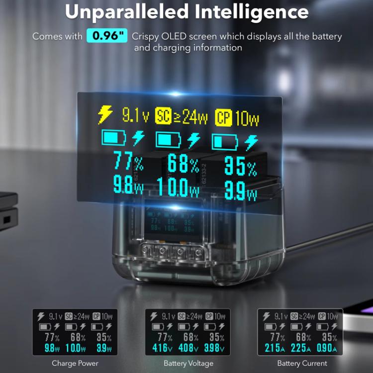 For Insta360 Ace Pro/Ace Pro 2 Battery Charger 3-Channel Fast Charging Station With OLED Screen(Transparent Black) - Others by buy2fix | Online Shopping UK | buy2fix