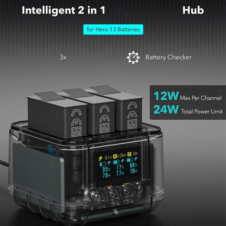 For GoPro HERO13 Black Triple Battery Charger Smart Charging Dock With OLED Display(Transparent Black) - Charger by buy2fix | Online Shopping UK | buy2fix