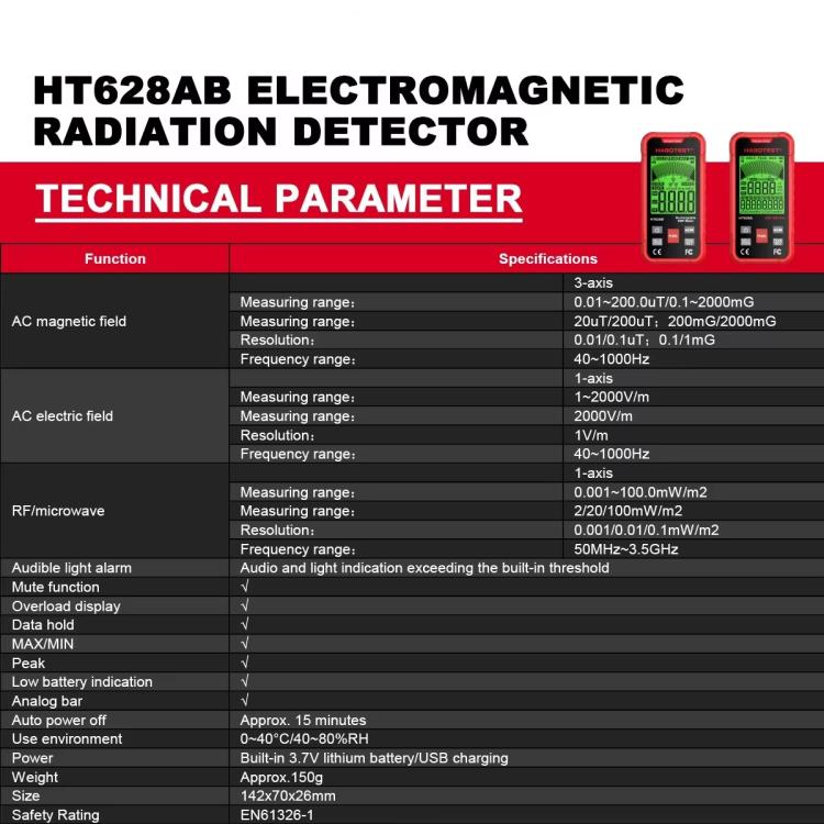 HABOTEST HT628B Multi-Field EMF Meter Rechargeable Electromagnetic Radiation Tester - Radiation Detector by HABOTEST | Online Shopping UK | buy2fix