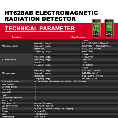 HABOTEST HT628B Multi-Field EMF Meter Rechargeable Electromagnetic Radiation Tester - Radiation Detector by HABOTEST | Online Shopping UK | buy2fix