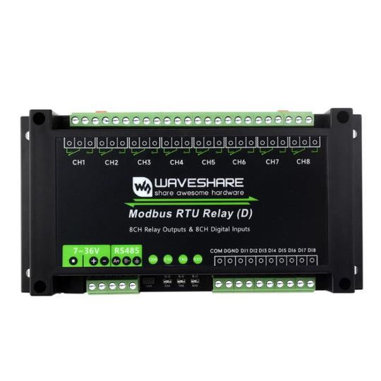 Waveshare Modbus RTU 8-Channel RS485 Relay Module With Digital Input Multi Isolation Protection Circuits, 7~36V Power Supply