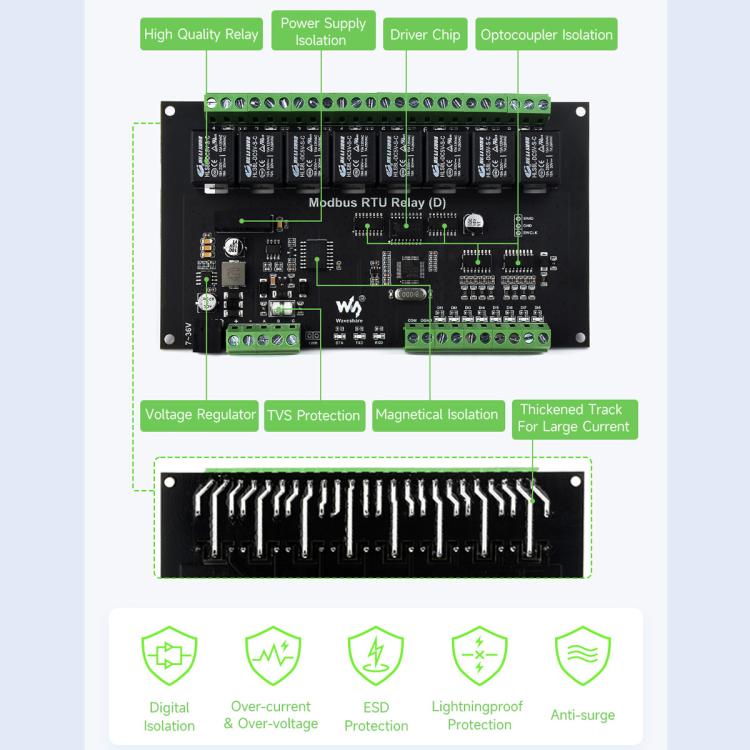 Waveshare Modbus RTU 8-Channel RS485 Relay Module With Digital Input Multi Isolation Protection Circuits, 7~36V Power Supply - Module by Waveshare | Online Shopping UK | buy2fix
