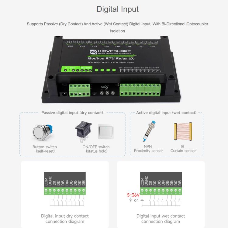 Waveshare Modbus RTU 8-Channel RS485 Relay Module With Digital Input Multi Isolation Protection Circuits, 7~36V Power Supply - Module by Waveshare | Online Shopping UK | buy2fix