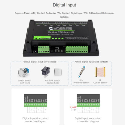 Waveshare Modbus RTU 8-Channel RS485 Relay Module With Digital Input Multi Isolation Protection Circuits, 7~36V Power Supply - Module by Waveshare | Online Shopping UK | buy2fix