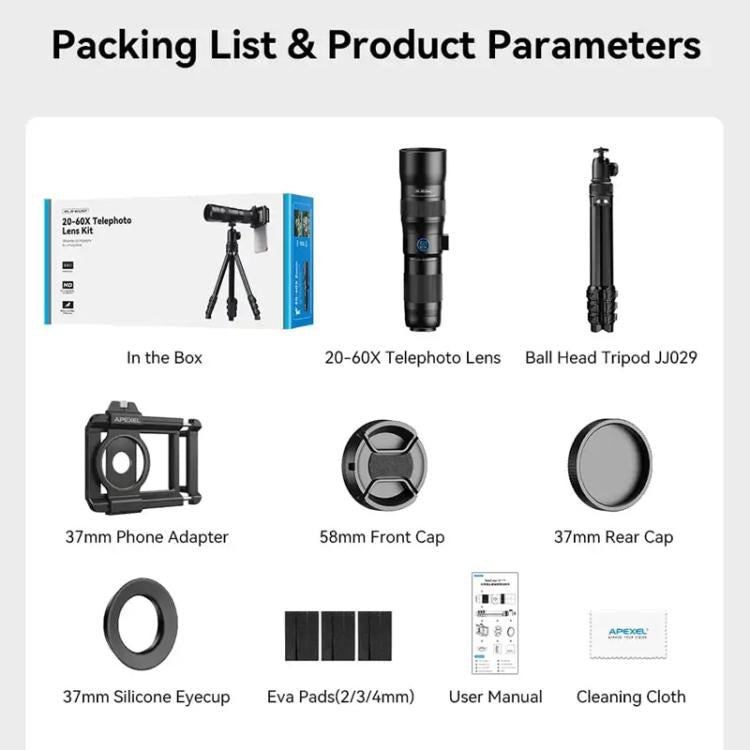 APEXEL TeleCular 3 20X-60X Zoom Lens Kit for Smartphones HD Super Telephoto Long-Range Shooting with Tripod Adapter - Combination Lens by APEXEL | Online Shopping UK | buy2fix