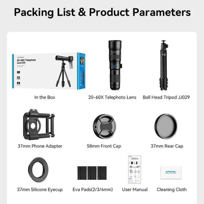 APEXEL TeleCular 3 20X-60X Zoom Lens Kit for Smartphones HD Super Telephoto Long-Range Shooting with Tripod Adapter - Combination Lens by APEXEL | Online Shopping UK | buy2fix