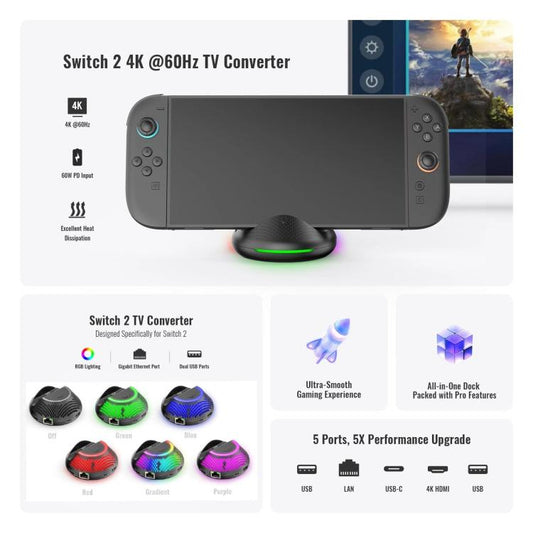 For Nintendo Switch 2 JYS 4K 60Hz TV Dock 5-In-1 HUB With Gigabit Ethernet Port RGB Ambient Lighting - Charger & Power by JYS | Online Shopping UK | buy2fix