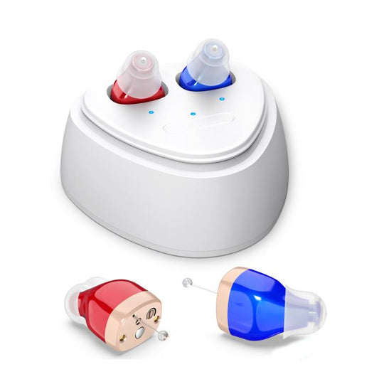 Ultra-Compact In-Ear Invisible Hearing Amplifier With Charging Case For Elderly(Red Blue+White Case)