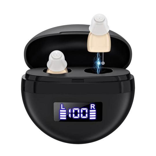 Hearing Aids With Digital Display Charging Case Noise Cancelling Invisible In-Ear Sound Amplifier(Skin Color+Black Case)