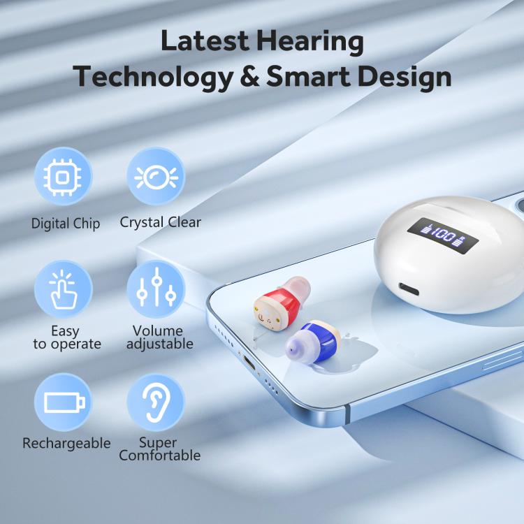 Hearing Aids With Digital Display Charging Case Noise Cancelling Invisible In-Ear Sound Amplifier(Skin Color+Black Case) - Hearing Aids by buy2fix | Online Shopping UK | buy2fix