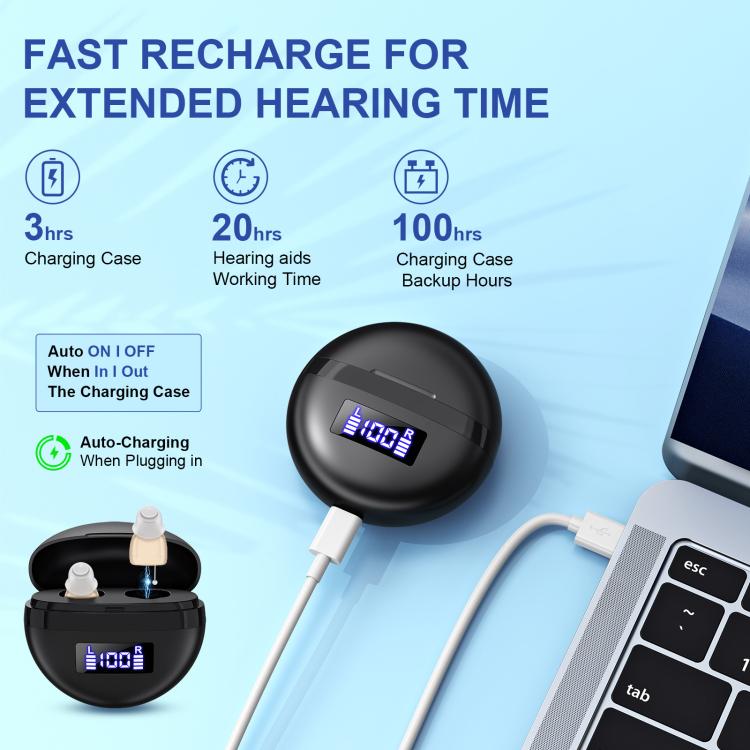 Hearing Aids With Digital Display Charging Case Noise Cancelling Invisible In-Ear Sound Amplifier(Skin Color+Black Case) - Hearing Aids by buy2fix | Online Shopping UK | buy2fix