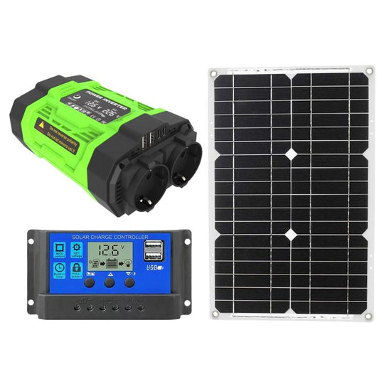 Gurxun Modified Wave Inverter With 18W Solar Panel + 30A Controller Dual Socket + 2 USB + 2 Type-C Ports, Spec: 300W EU Plug 12V To 220V
