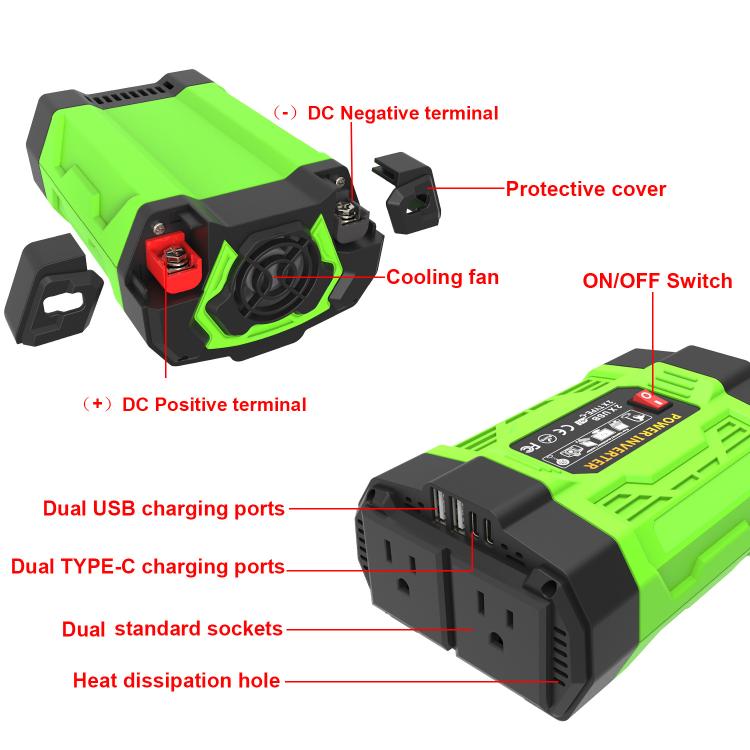 Gurxun 200W Modified Wave Inverter With 18W Solar Panel + 30A Controller Dual Socket + 2 USB + 2 Type-C Ports, Spec: US Plug 12V To 110V - Modified Square Wave by Gurxun | Online Shopping UK | buy2fix