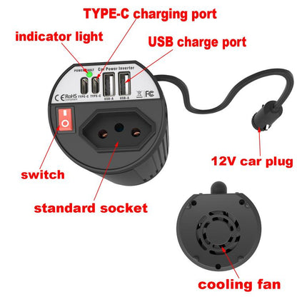 Gurxun 200W Modified Wave Intelligent Car Inverter Dual USB + Dual Type-C Port Car Power Converter, Spec: Universal Socket 12V To 220V - Modified Square Wave by Gurxun | Online Shopping UK | buy2fix
