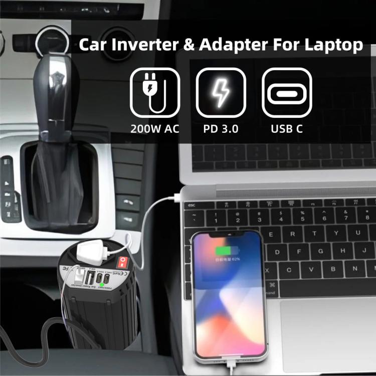 Gurxun 200W Modified Wave Intelligent Car Inverter Dual USB + Dual Type-C Port Car Power Converter, Spec: Brazil Plug 12V To 110V - Modified Square Wave by Gurxun | Online Shopping UK | buy2fix