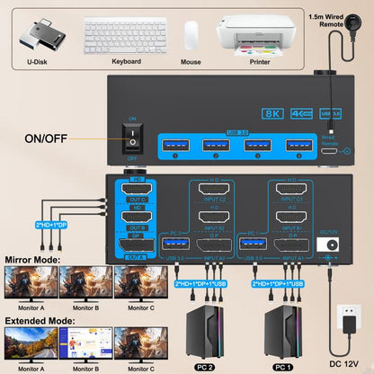 YOUTING  KC-KM434B 2 In 3 Out KVM USB3.0 Switch US Plug - Switch by YOUTING | Online Shopping UK | buy2fix