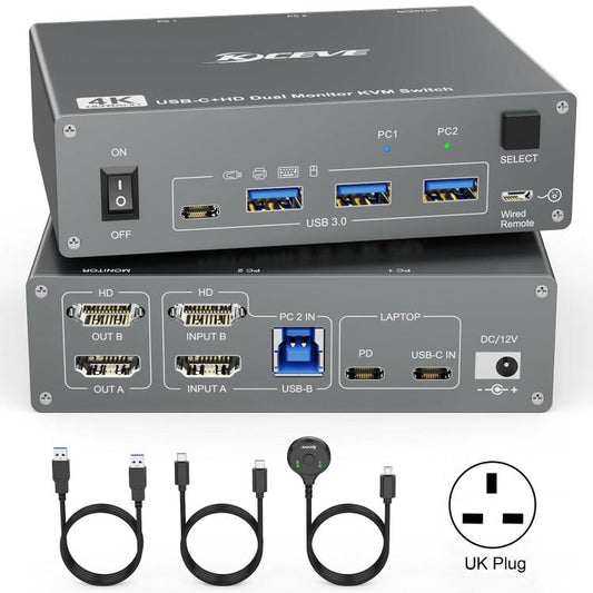 KVEVE KC-KVM202CH USB 3.0 Dual Monitor 4K 60Hz KVM Switch UK Plug - Switch by KVEVE | Online Shopping UK | buy2fix