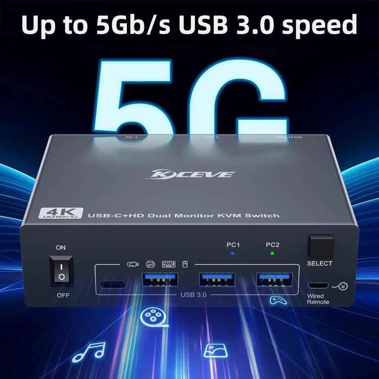 KVEVE KC-KVM202CH USB 3.0 Dual Monitor 4K 60Hz KVM Switch US Plug - Switch by KVEVE | Online Shopping UK | buy2fix
