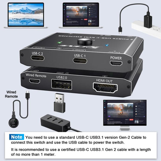 KCEVE KC-C201H 2 Type-C Input 1 Output KVM Switch Support 4K 60Hz - Switch by KCEVE | Online Shopping UK | buy2fix