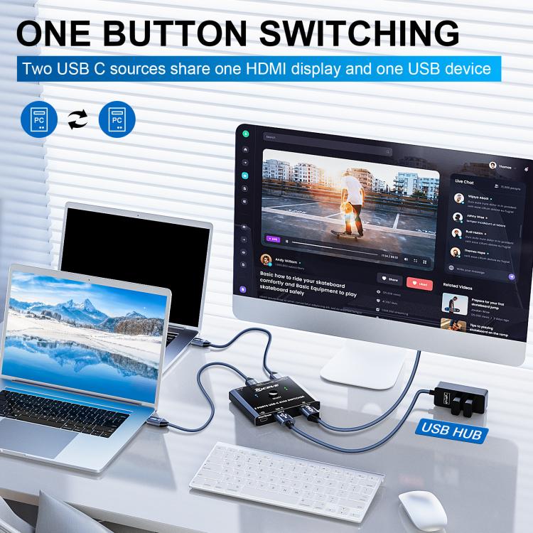 KCEVE KC-C201H 2 Type-C Input 1 Output KVM Switch Support 4K 60Hz - Switch by KCEVE | Online Shopping UK | buy2fix