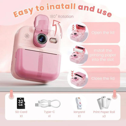 P02 Kids Instant Print Camera with 180-degree Flip Lens & 32GB Memory Card Selfie Photo Printing Toy(Pink) - Children Cameras by buy2fix | Online Shopping UK | buy2fix