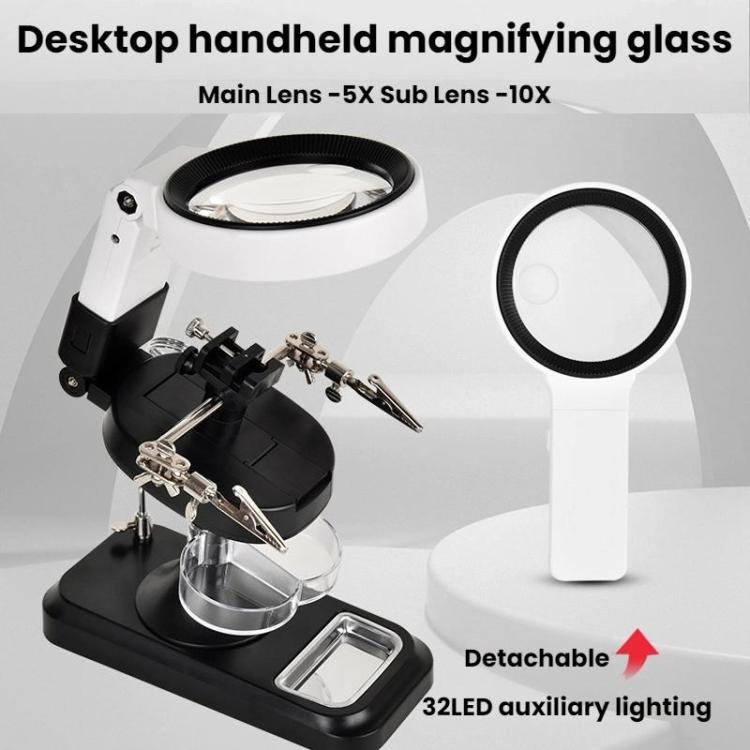 5x 10x Desktop Handheld Magnifying Glass 32 LEDs Soldering Iron Maintenance Workbench(Black) - Repair Platform by buy2fix | Online Shopping UK | buy2fix
