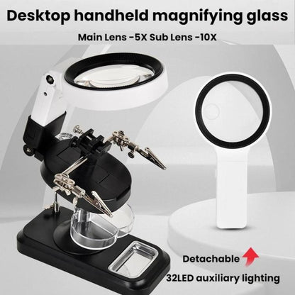 5x 10x Desktop Handheld Magnifying Glass 32 LEDs Soldering Iron Maintenance Workbench(Black) - Repair Platform by buy2fix | Online Shopping UK | buy2fix