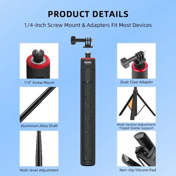 Flymile 1.6m Extendable Selfie Stick Tripod For Action Cameras One-Button Quick Setup Monopod With Wide-Angle View - Extendable Pole by Flymile | Online Shopping UK | buy2fix