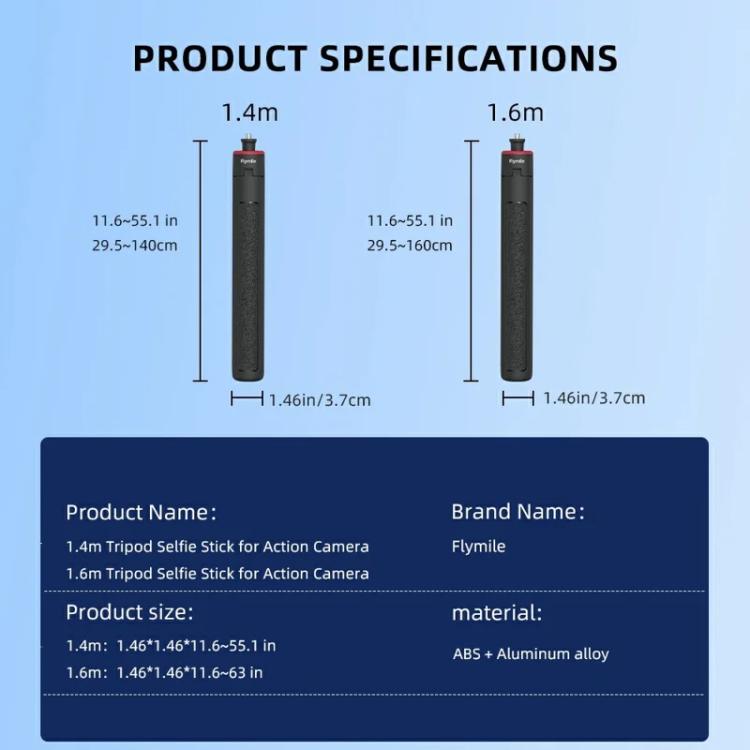 Flymile 1.4m Extendable Selfie Stick Tripod For Action Cameras One-Button Quick Setup Monopod With Wide-Angle View - Extendable Pole by Flymile | Online Shopping UK | buy2fix