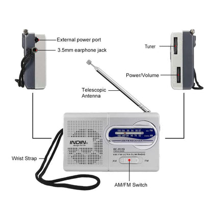 INDIN BC-R119 Portable AM/FM Radio for Seniors 530-1610KHz AM & 88-108MHz FM Lightweight Emergency Radio(Silver) - Radio Player by INDIN | Online Shopping UK | buy2fix