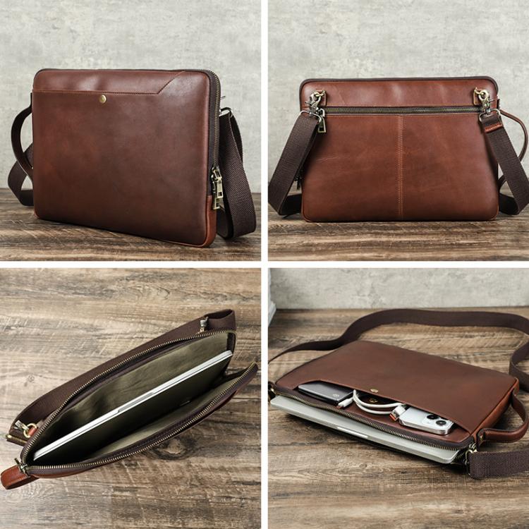 CONTACTS FAMILY 14.2 Inch Crazy Horse Leather Messenger Bag Vintage Crossbody Laptop Briefcase(Brown) - 14.1 inch by buy2fix | Online Shopping UK | buy2fix
