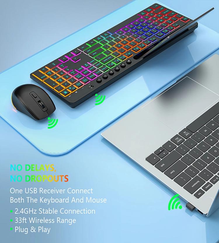 RGB Backlit Rechargeable Wireless Keyboard and Mouse Combo with Tablet Slot for Gaming, Office, and Home(CK731+CM623) - Wireless Keyboard by buy2fix | Online Shopping UK | buy2fix