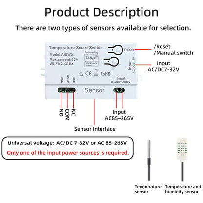 Graffiti WIFI Temperature Dry Contact Switch Module APP Remote Control Switch, Supports Google / Alexa Voice, Spec: With 2m Cable - Thermostat & Thermometer by buy2fix | Online Shopping UK | buy2fix